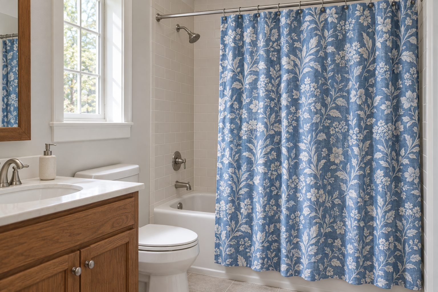 A blue botanical shower curtain provides pattern beside a white tub and wood vanity.
