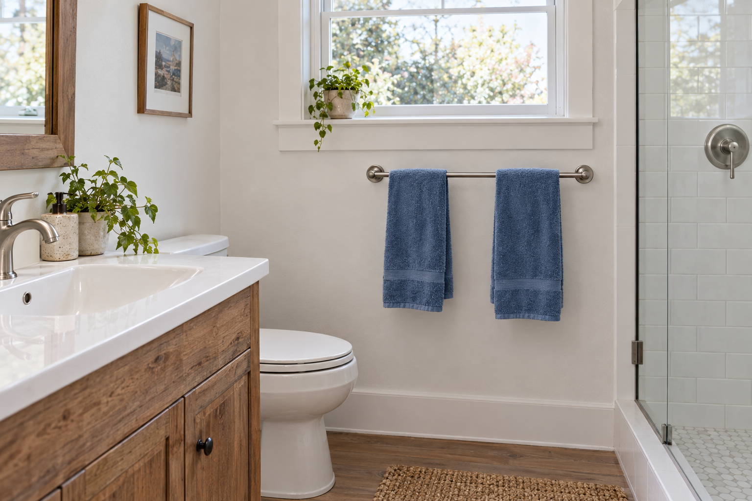 Two blue hand towels hang separately on a wall rail beside a bright bathroom window.