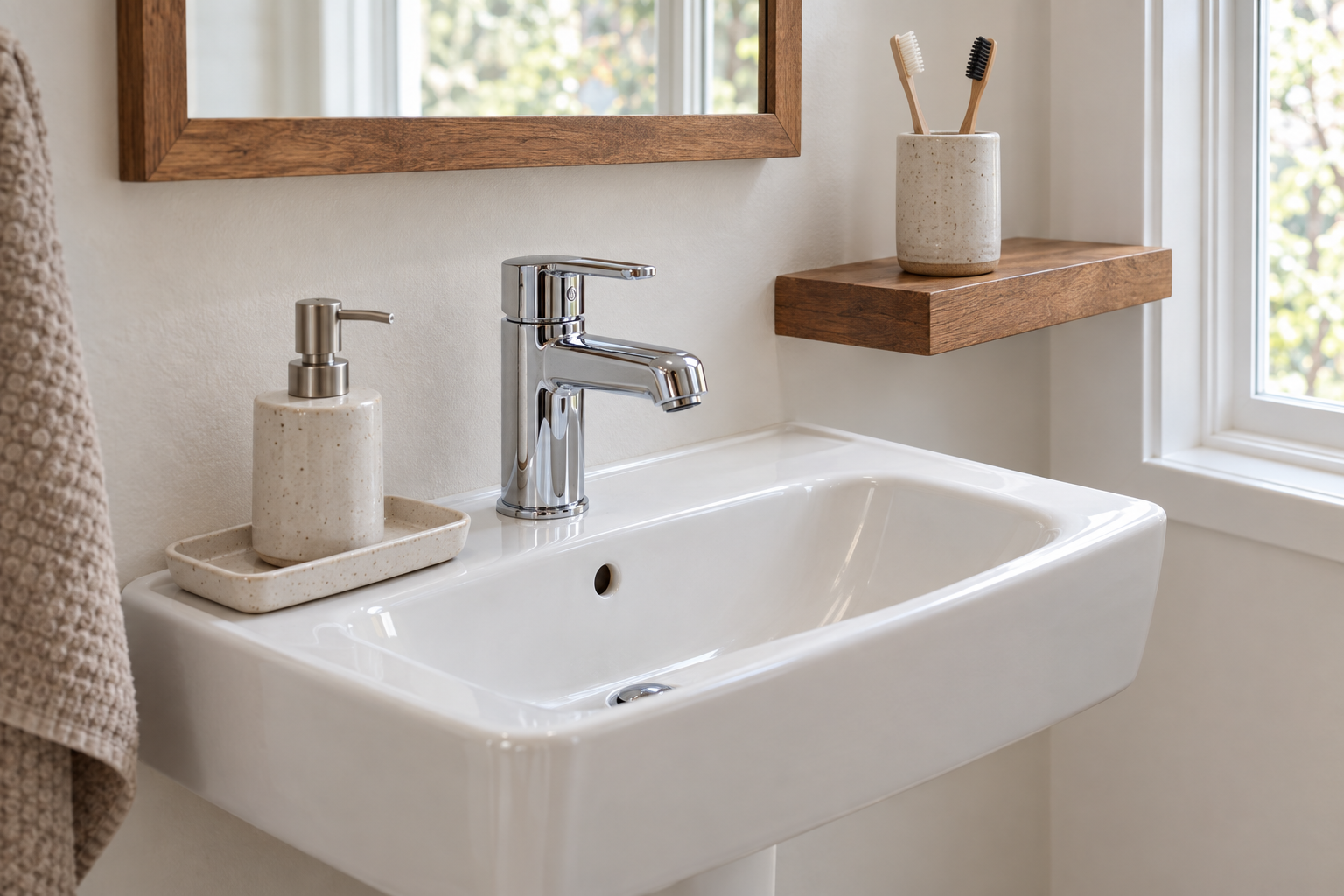Soap sits on a ceramic tray beside a clear basin, with toothbrushes on a separate shelf.