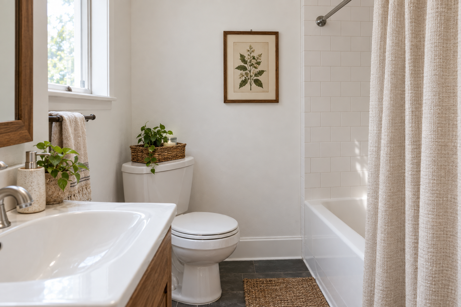A framed botanical print hangs on a bathroom wall beyond the shower curtain.