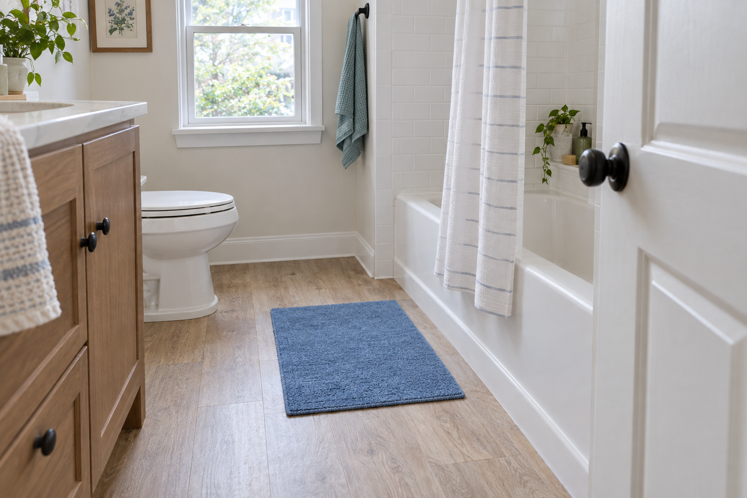 A small blue bath mat lies on clear floor beside a white bathtub and open doorway.