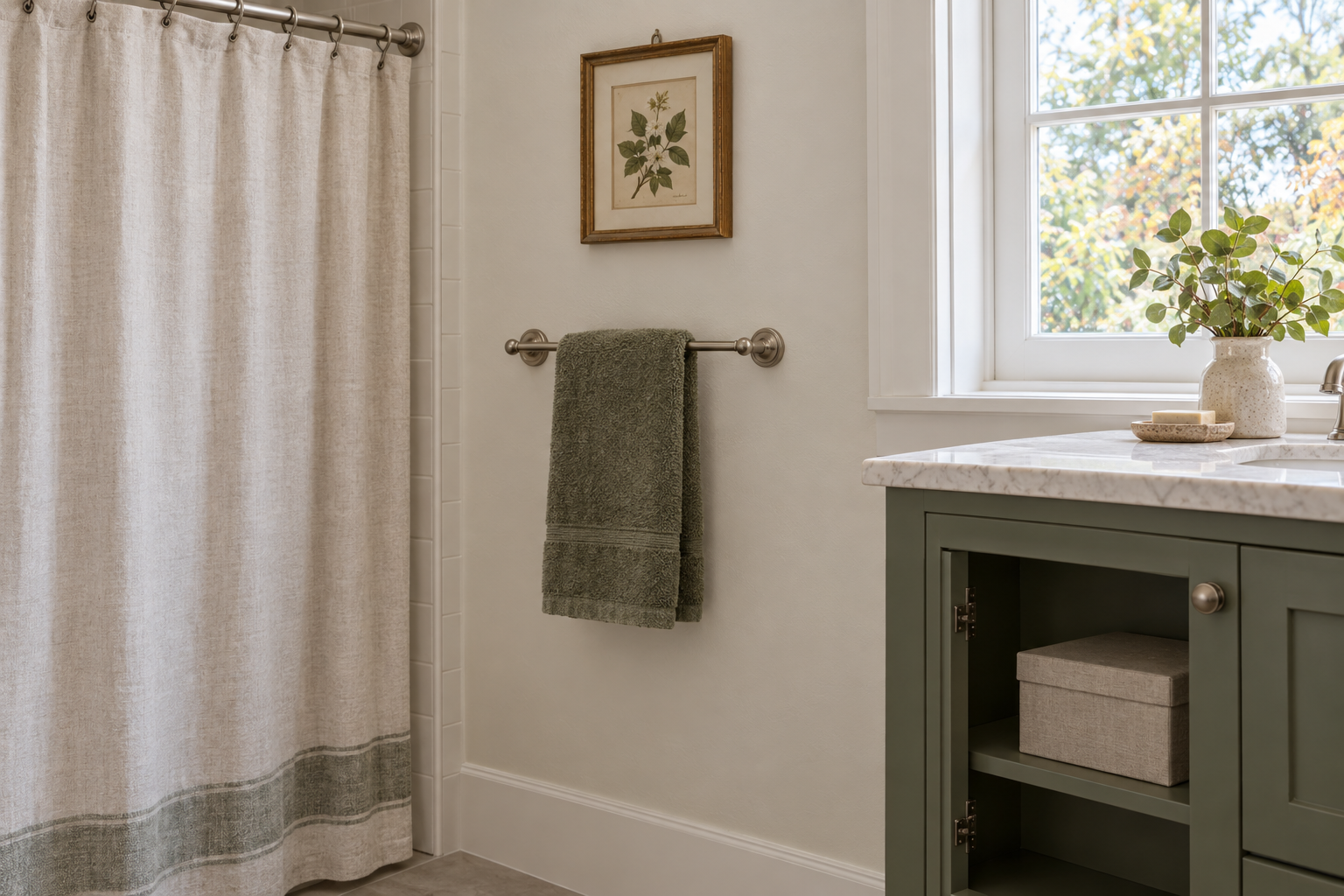A green towel and botanical print sit beside a cabinet holding a lidded storage box.