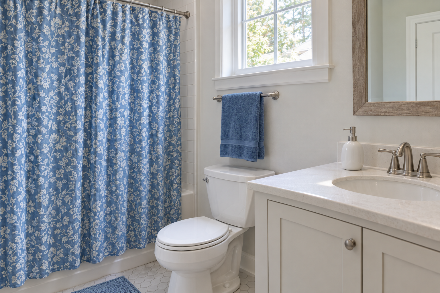 A blue botanical curtain, blue hand towel and white soap pump repeat a simple bathroom palette.