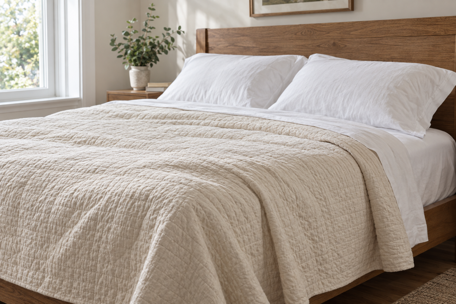 White sleeping pillows and a cream quilt over a plain white sheet fold on an oak bed.