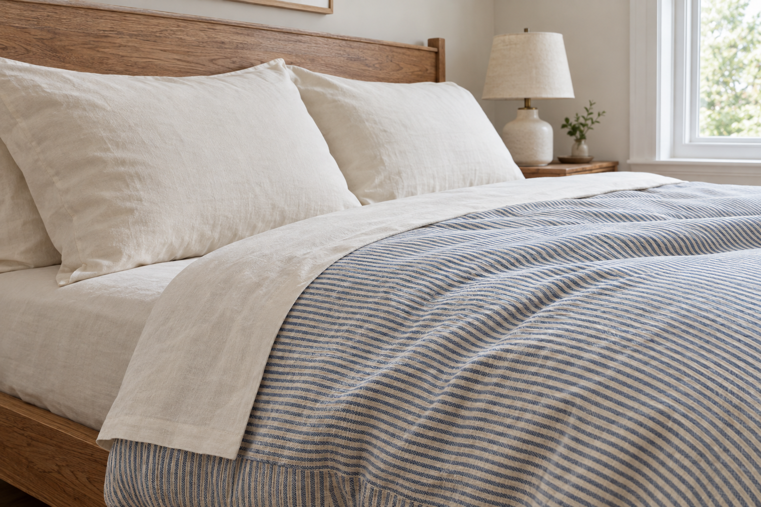 A blue-and-cream narrow-striped duvet with plain cream sheets and pillowcases.