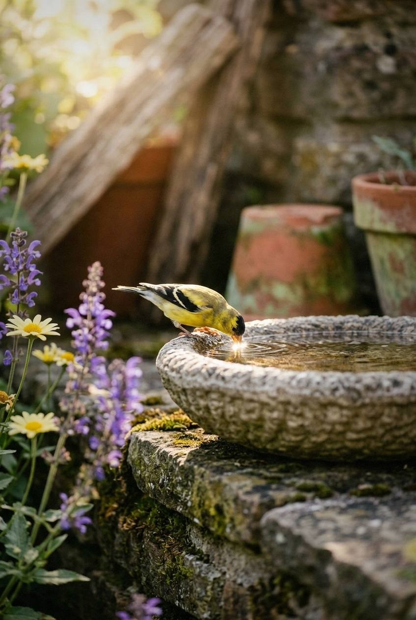 Low bird bath beside a planted backyard border