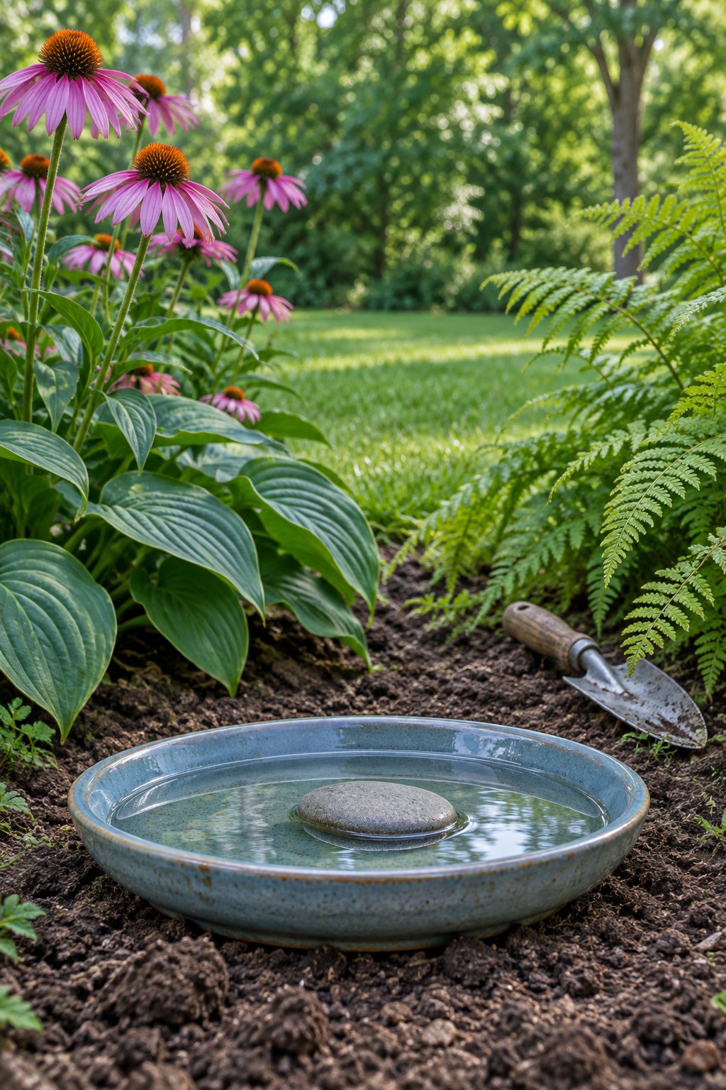 Wide shallow blue-gray saucer set level on the ground beside coneflowers and hostas as a ground-level bird bath