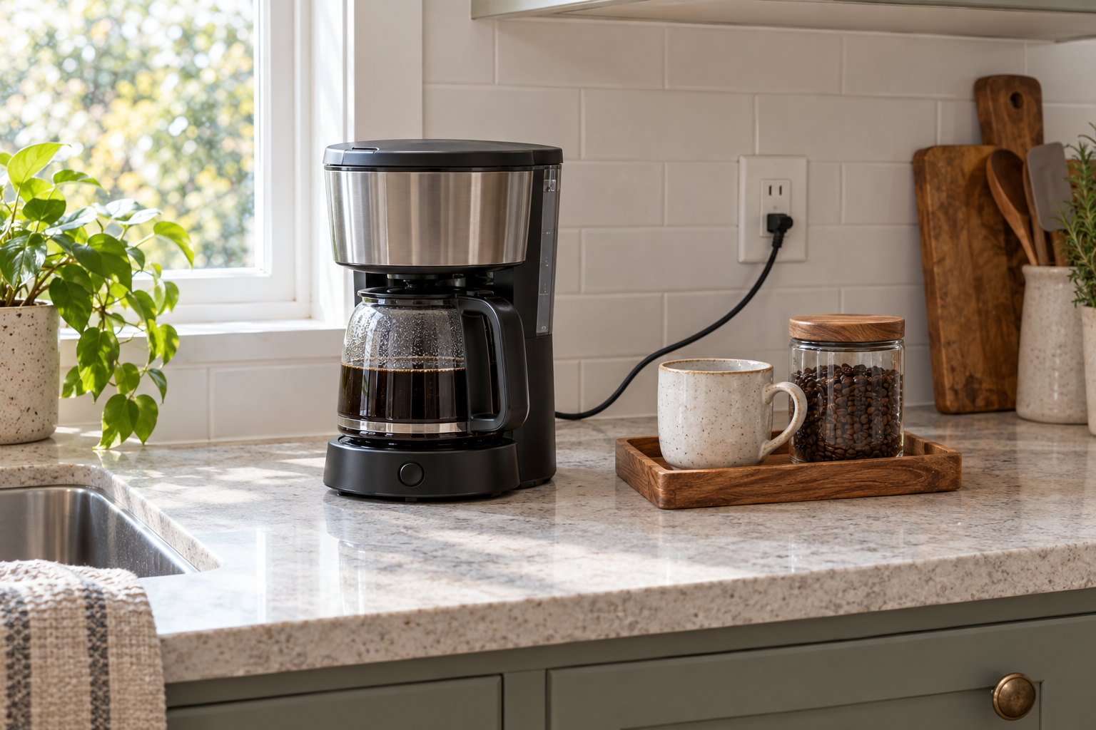 A coffee maker stands on a kitchen counter beside a small tray with a mug and coffee jar.