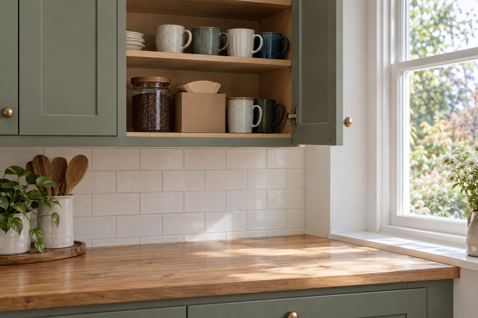 Mugs, a coffee jar and filters share a reachable cupboard shelf above a clear counter.