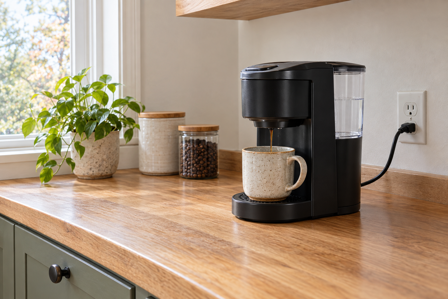 A compact brewer sits at the end of a clear kitchen counter near a wall socket.