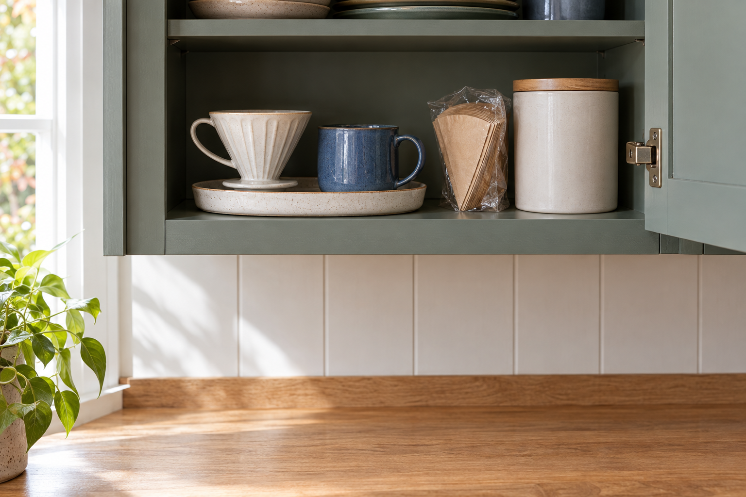 A dry brewing cone and blue mug sit on a tray inside a cupboard beside filters.
