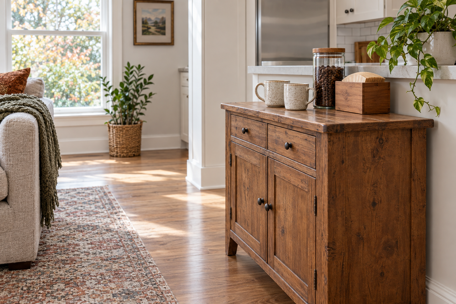 A wood sideboard holds mugs and closed coffee supplies beside a clear kitchen walkway.