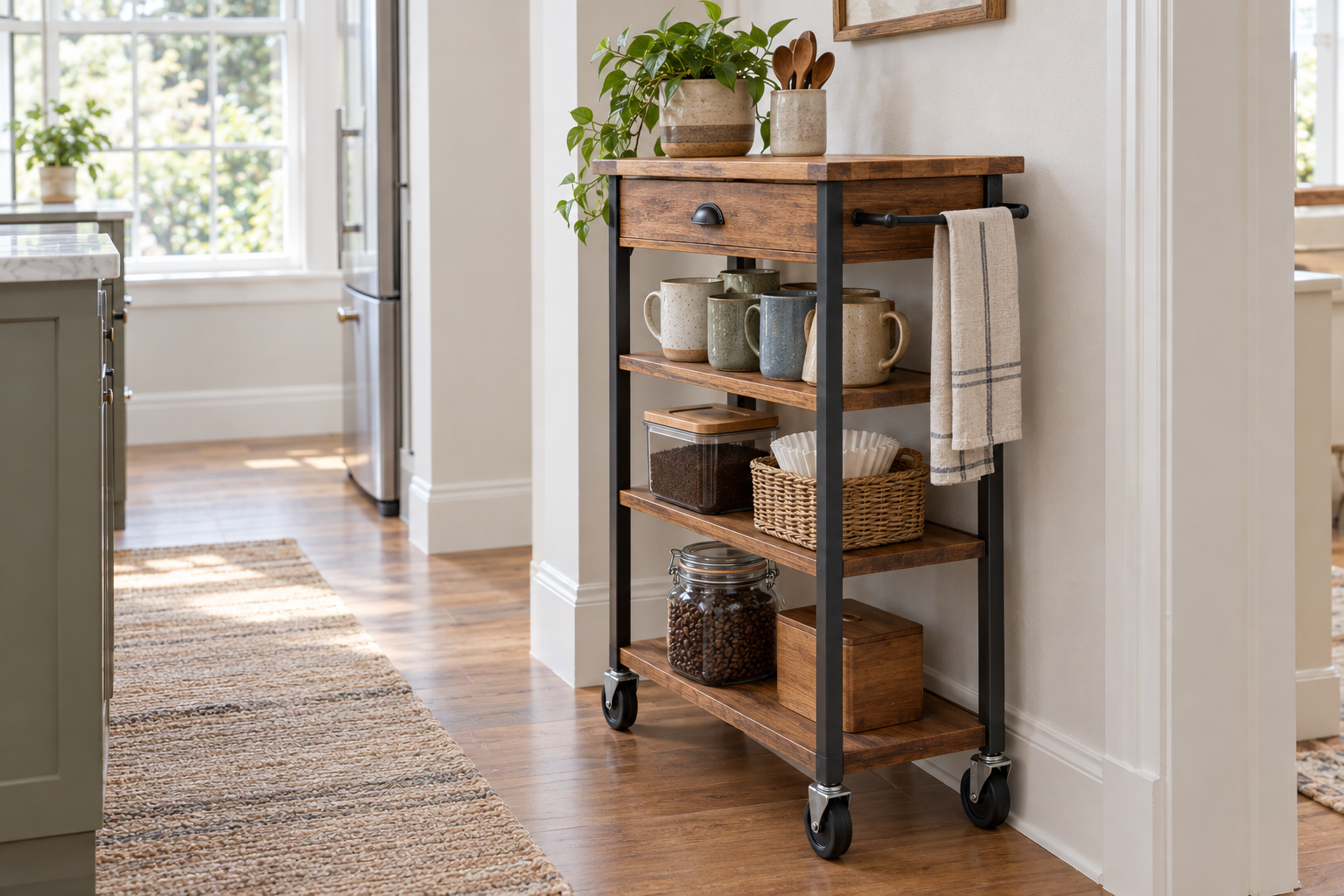 A parked narrow cart holds mugs and filters, with heavier storage on its bottom shelf.
