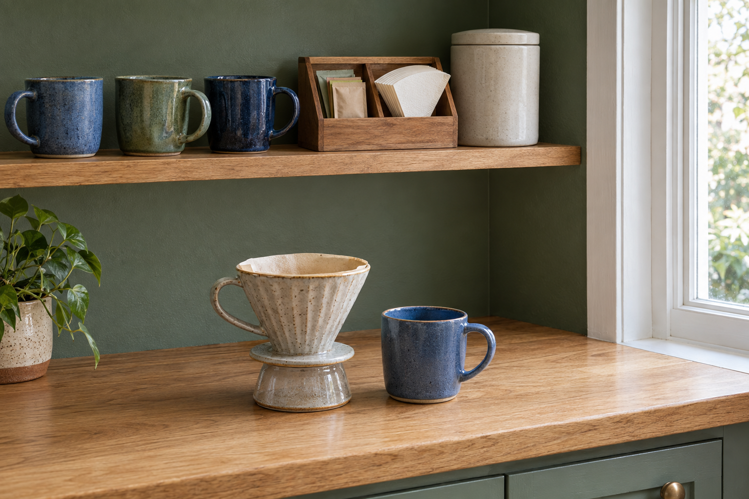 Mugs, tea packets and filters sit on a shelf above a manual brewer and blue mug.