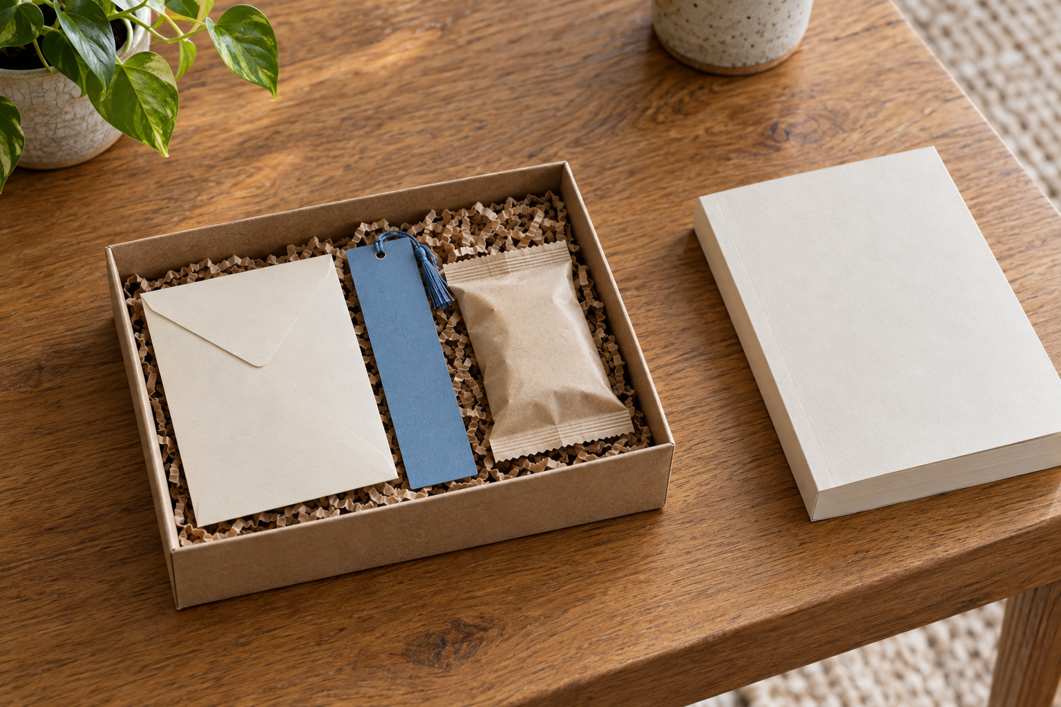 An open kraft gift box with an envelope, a blue tasseled bookmark and a wrapped snack beside a paperback on a wooden table.