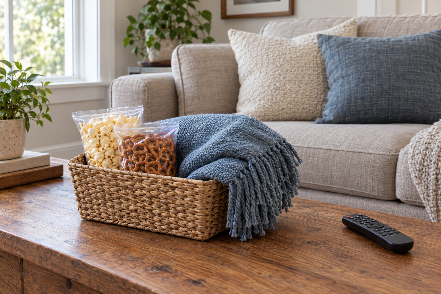 A woven basket with bags of popcorn and pretzels and a blue fringed throw on a wooden coffee table in front of a sofa.