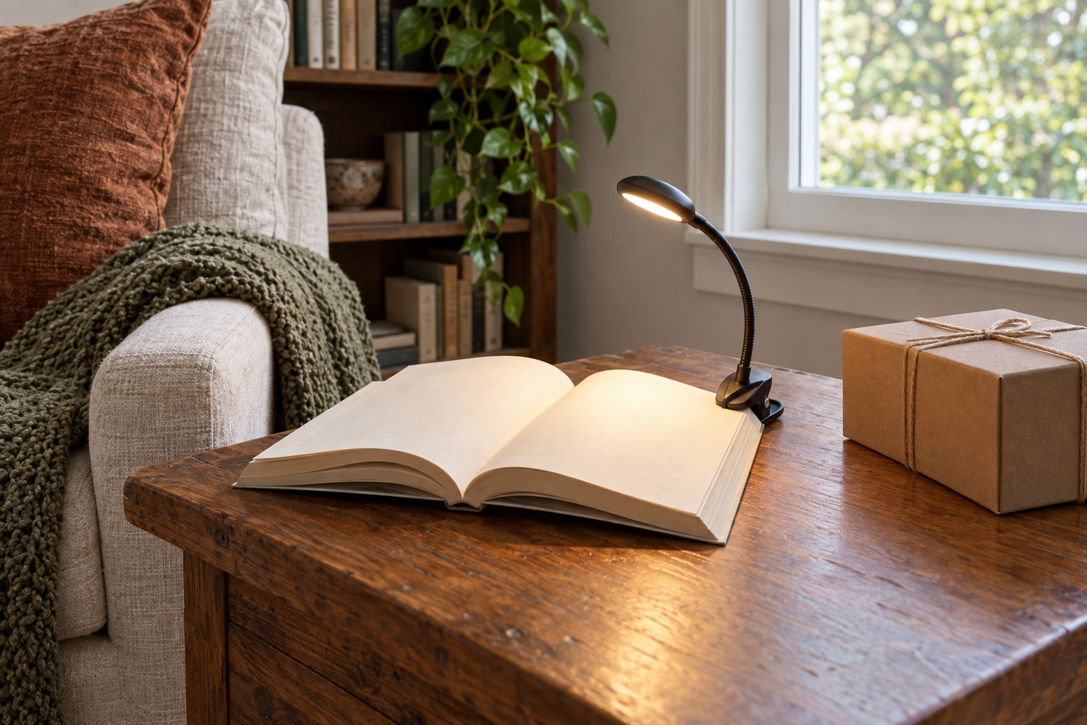 A clip-on reading light shining on an open book on a wooden side table beside an armchair with a green knit throw.