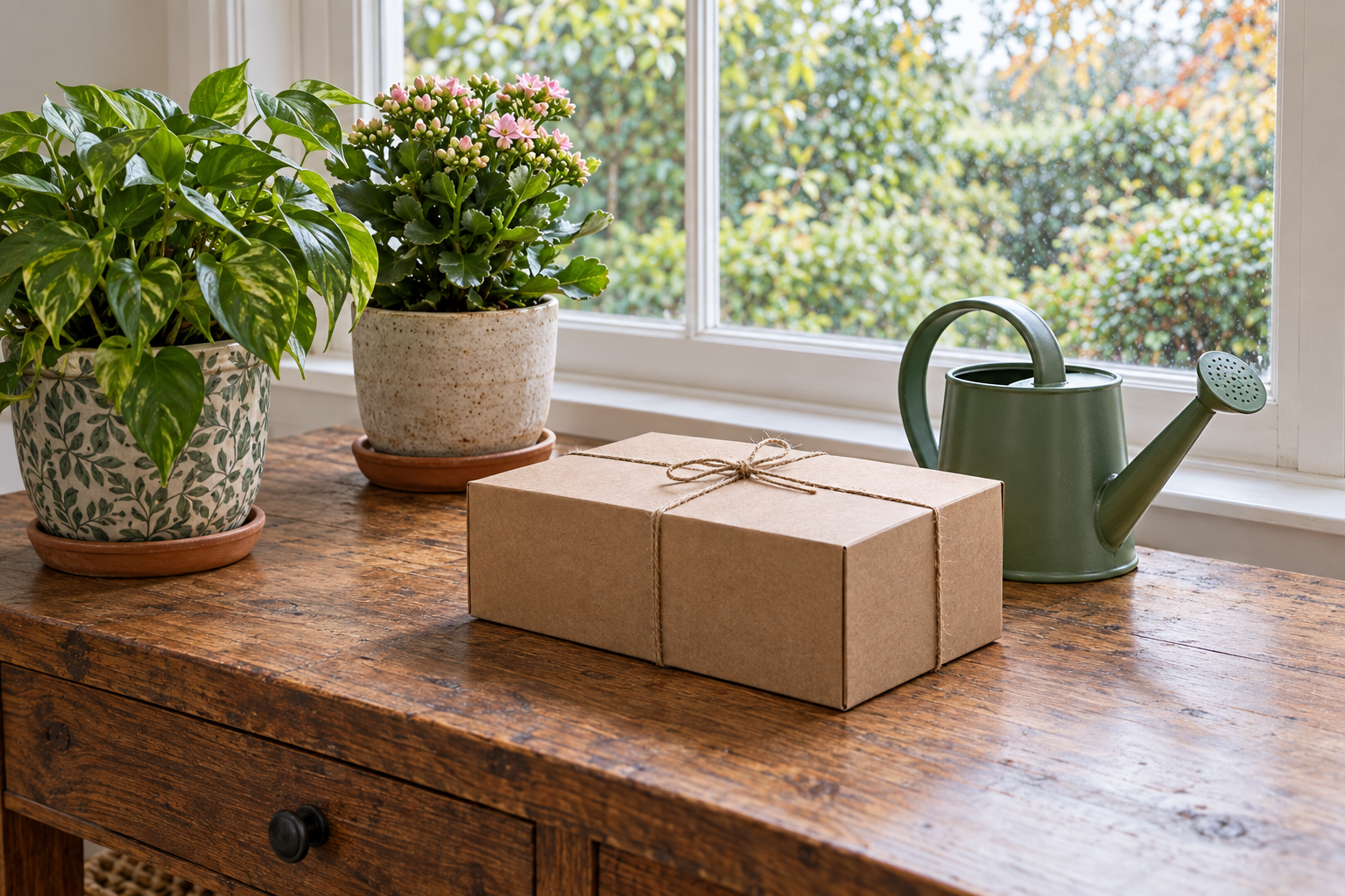 A wrapped kraft gift box tied with twine on a wooden table beside houseplants and a green watering can in front of a window.