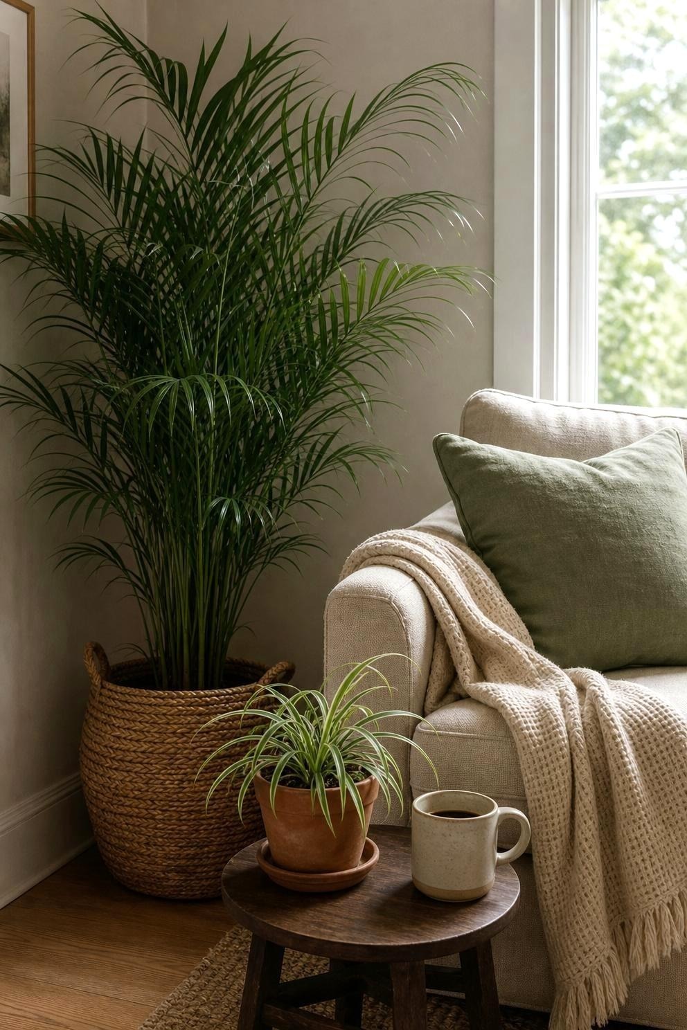An areca palm in a woven basket filling a corner beside a linen sofa, with a spider plant in a terracotta pot on a side table
