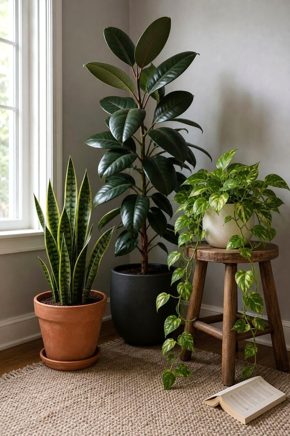 Three houseplants of different heights grouped in a living room corner, a tall rubber plant, a snake plant on the floor and a trailing pothos on a wooden stool