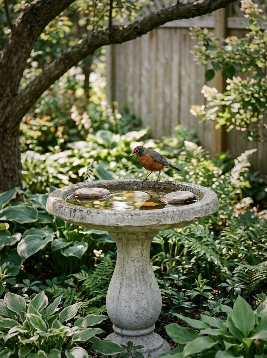 Shallow bird bath beside a planted backyard border