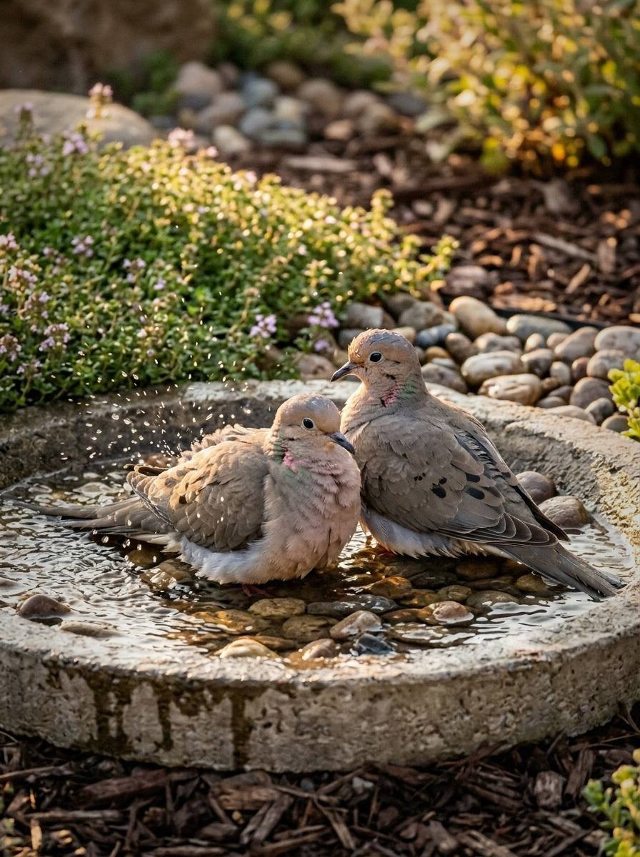 Two mourning doves standing on small stones in a shallow stone bird bath