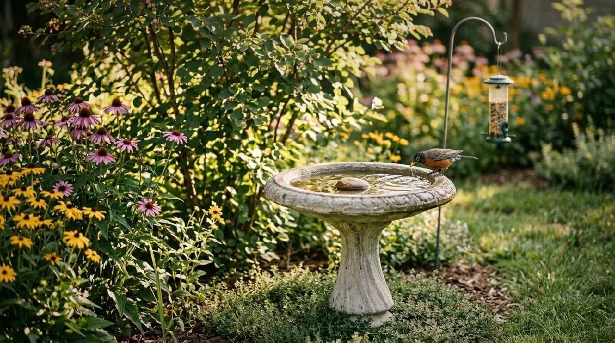 Stone bird bath beside a flowering backyard border