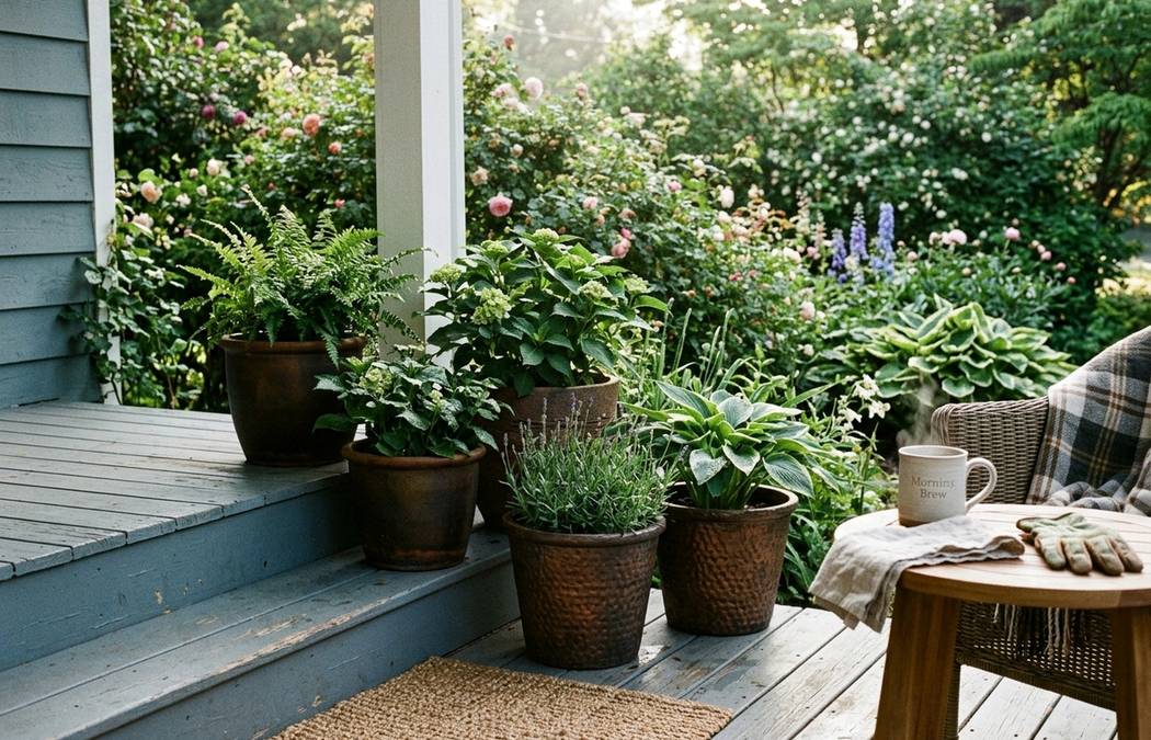 Patio plants and soft outdoor textures arranged into a calm sitting corner