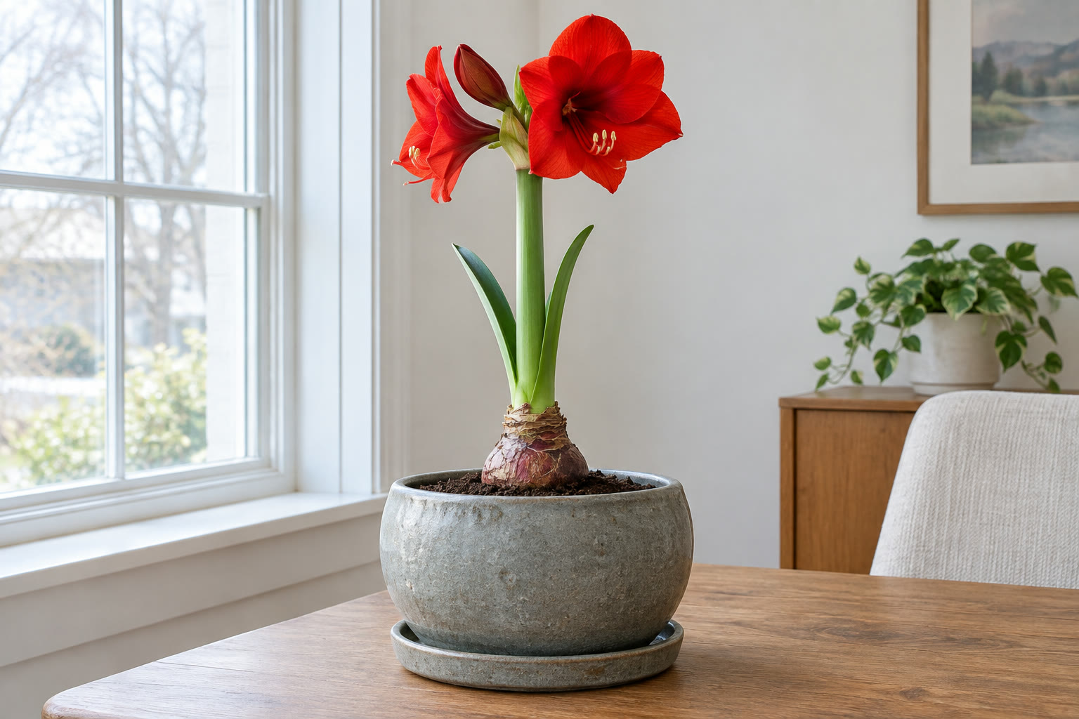 Red amaryllis with the bulb shoulders showing in a gray stoneware pot on a wooden table beside a window