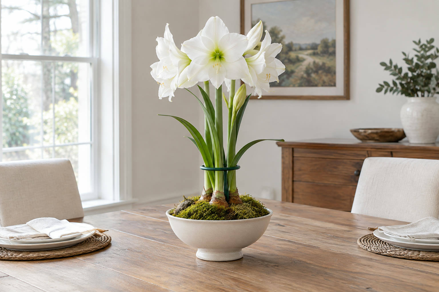 Three white amaryllis flowers in a cream footed bowl covered with moss on a farmhouse dining table