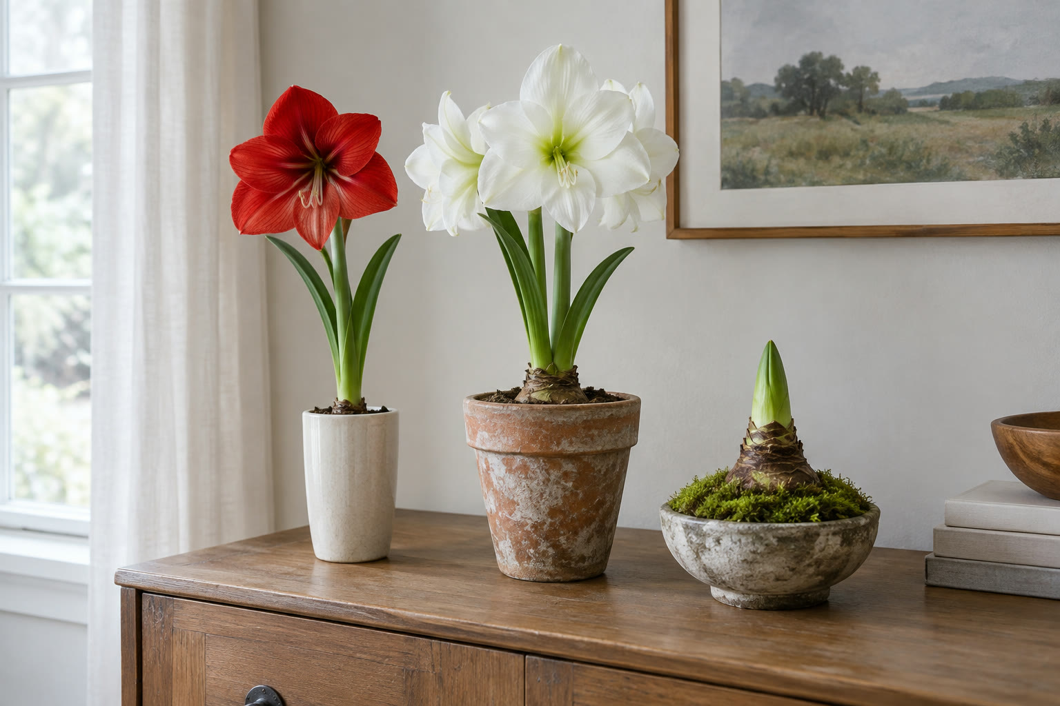 Red and white amaryllis in a cream pot, a terracotta pot and a stone bowl with a sprouting bulb on a wooden sideboard