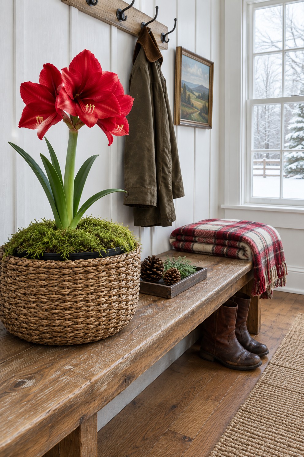 A red amaryllis in a seagrass basket with moss on a pine bench beside a plaid blanket, pinecones and boots in an entryway