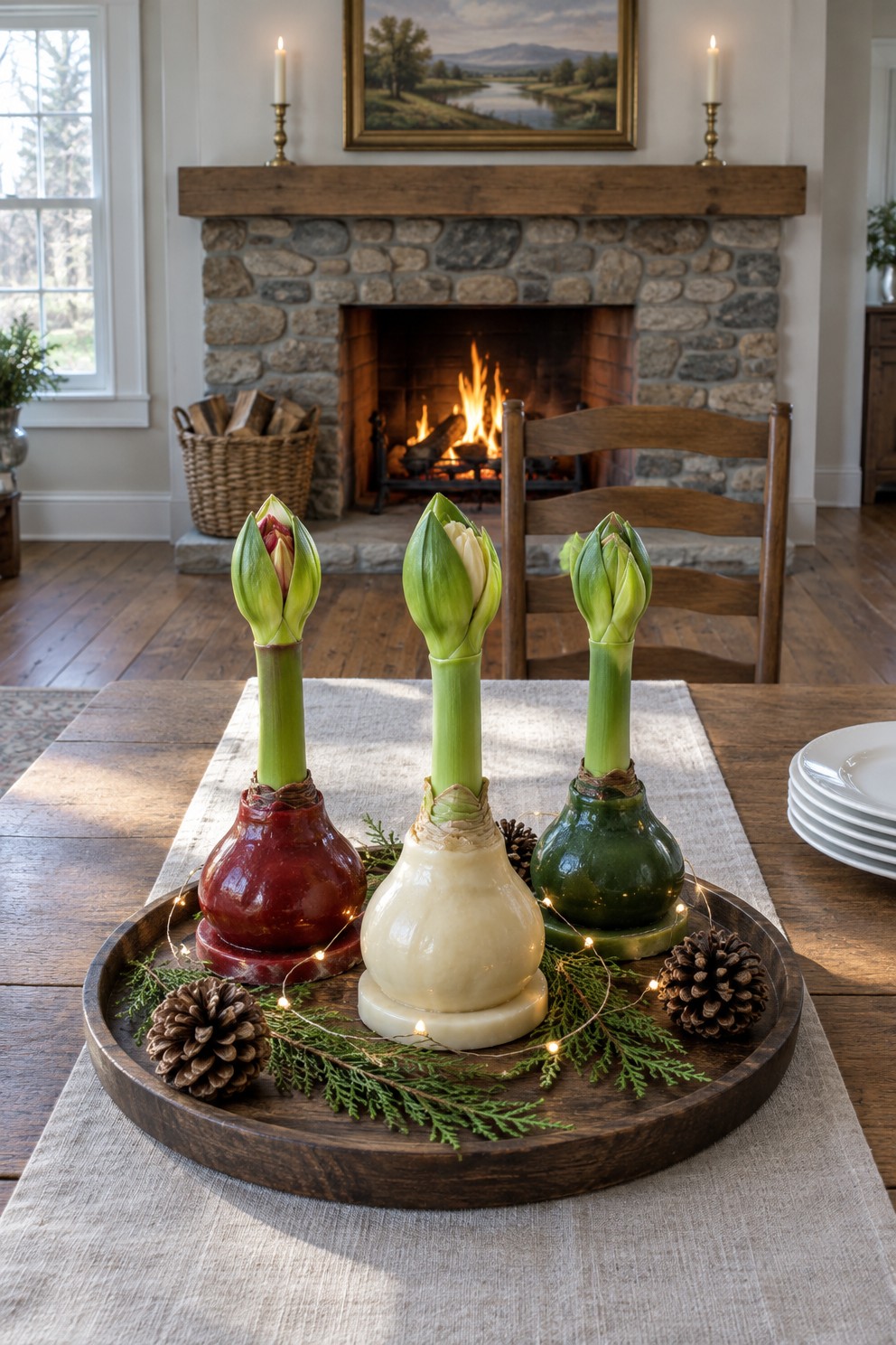 Three waxed amaryllis bulbs in red, cream and green wax with flower buds, on a dark wood tray with fairy lights and pinecones in front of a stone fireplace