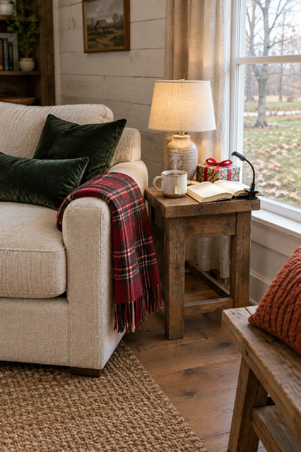 Farmhouse living room in late fall with a cream sofa, a folded throw, a mug of tea and a clip-on book light on an open paperback beside a lit lamp, a small wrapped gift on the side table