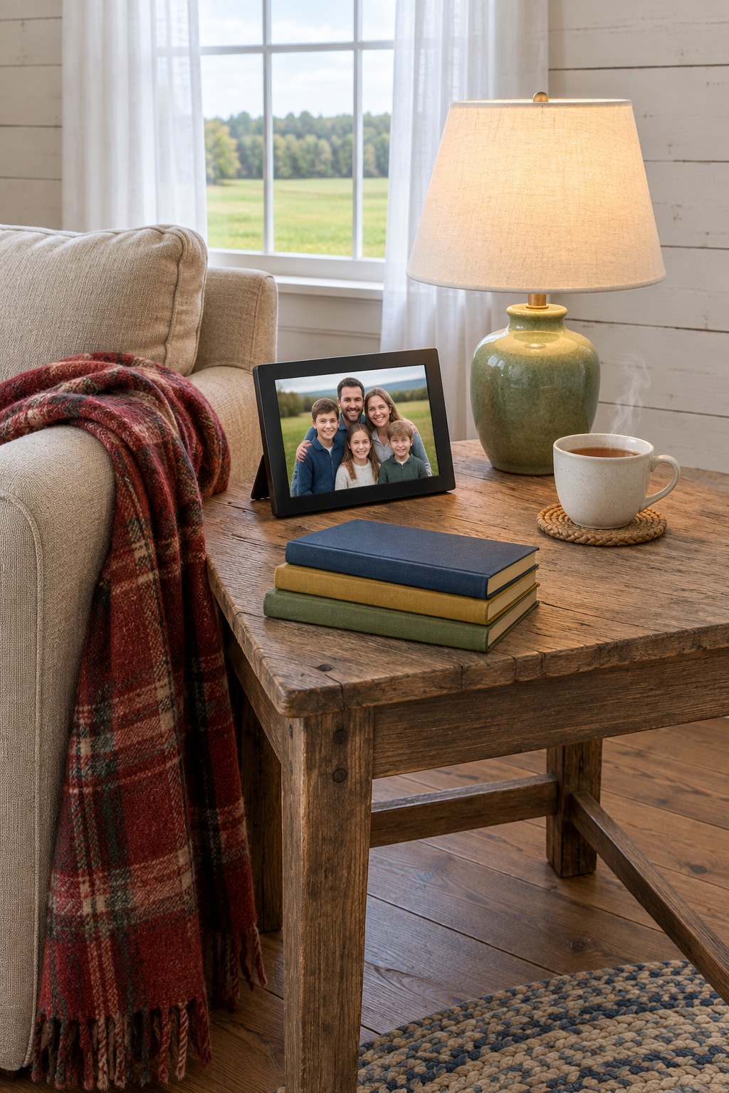 Digital photo frame showing a family photo on a wooden side table beside a lit lamp, a cup of tea and a small stack of books in a farmhouse living room