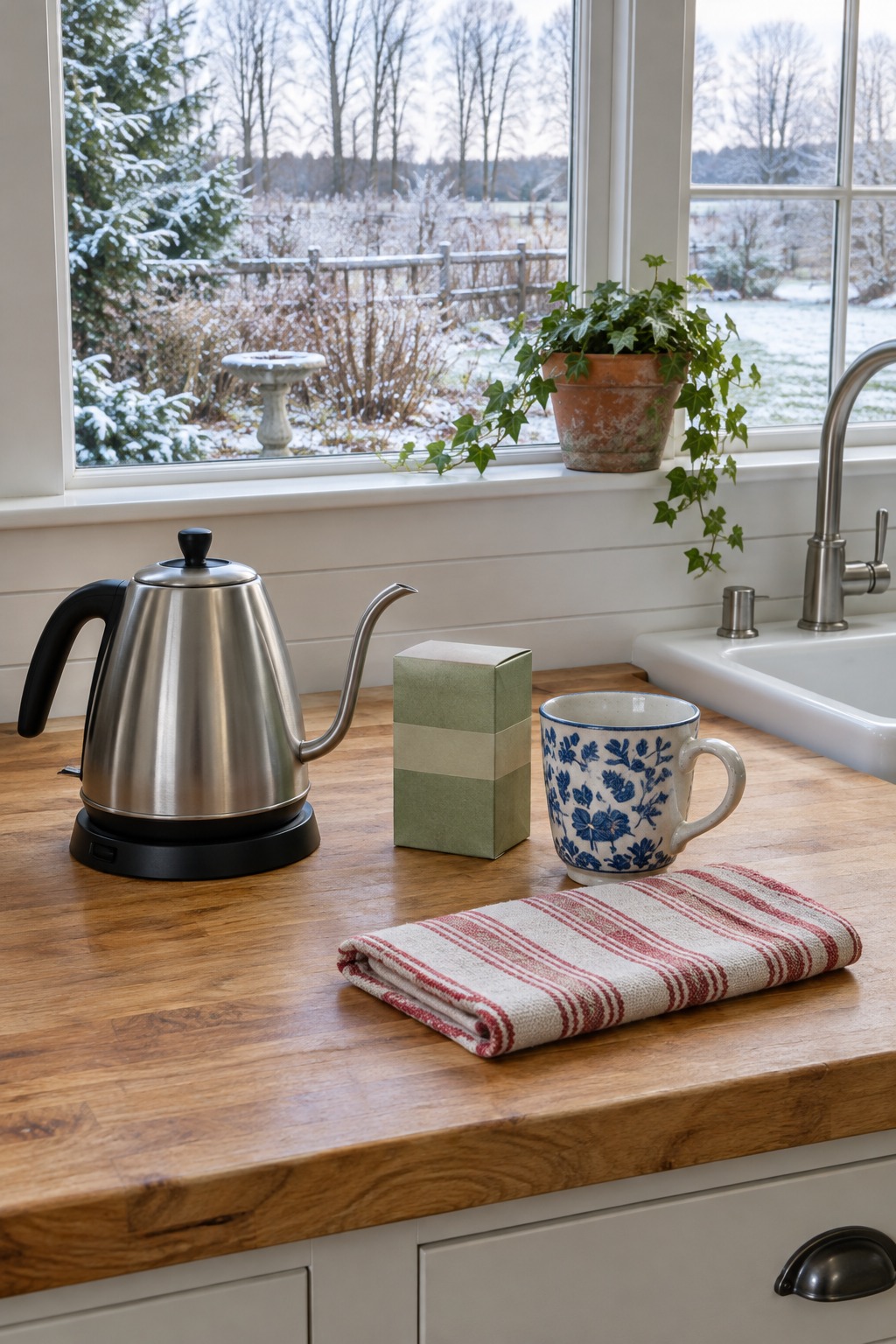 Stainless steel gooseneck kettle on a farmhouse kitchen counter beside a box of tea bags, a ceramic mug and a folded linen towel, a window with a winter garden behind
