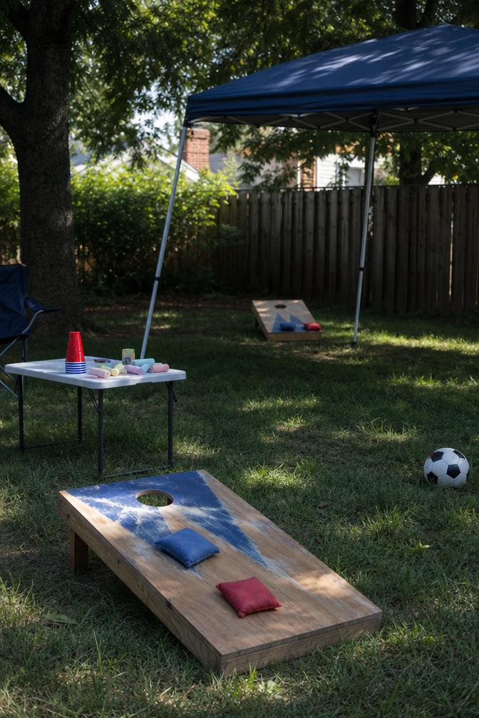 Backyard kid zone with a corn hole set, a small folding table, and a pop-up canopy in dappled shade
