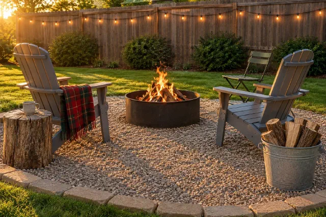 Steel fire ring burning on a round gravel pad between two Adirondack chairs, with a plaid throw and string lights along the fence