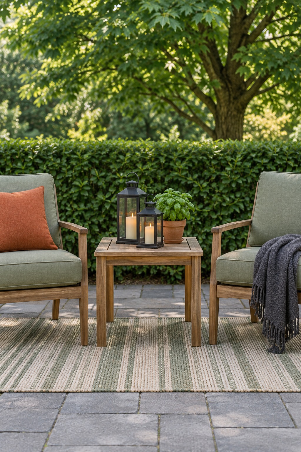 Two black LED lanterns on a teak side table between sage-green cushioned patio chairs