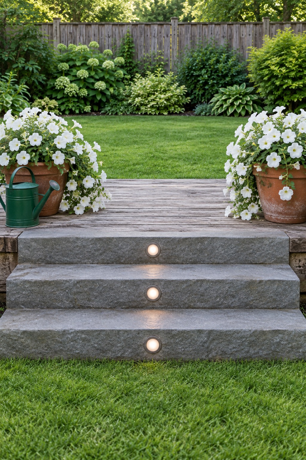 Three stone garden steps with small riser lights and white petunia pots on either side