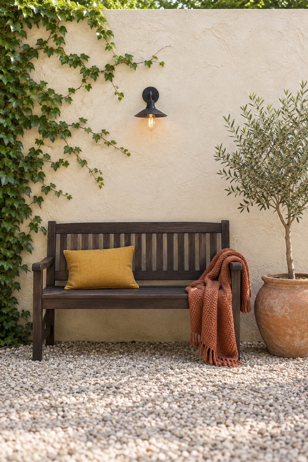 Pale stucco garden wall with a black sconce above a wood bench with a mustard cushion