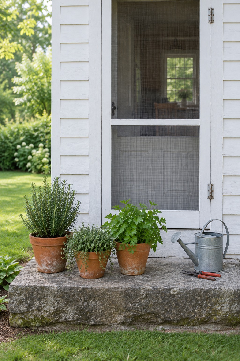 Rosemary, thyme and parsley in terracotta pots on a stone step beside a white back door
