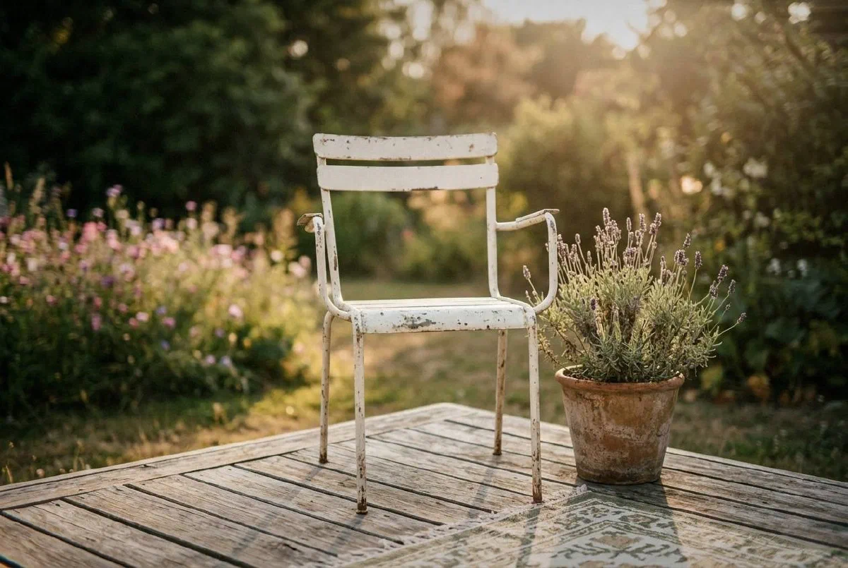 Single garden chair on a wooden platform beside flowers