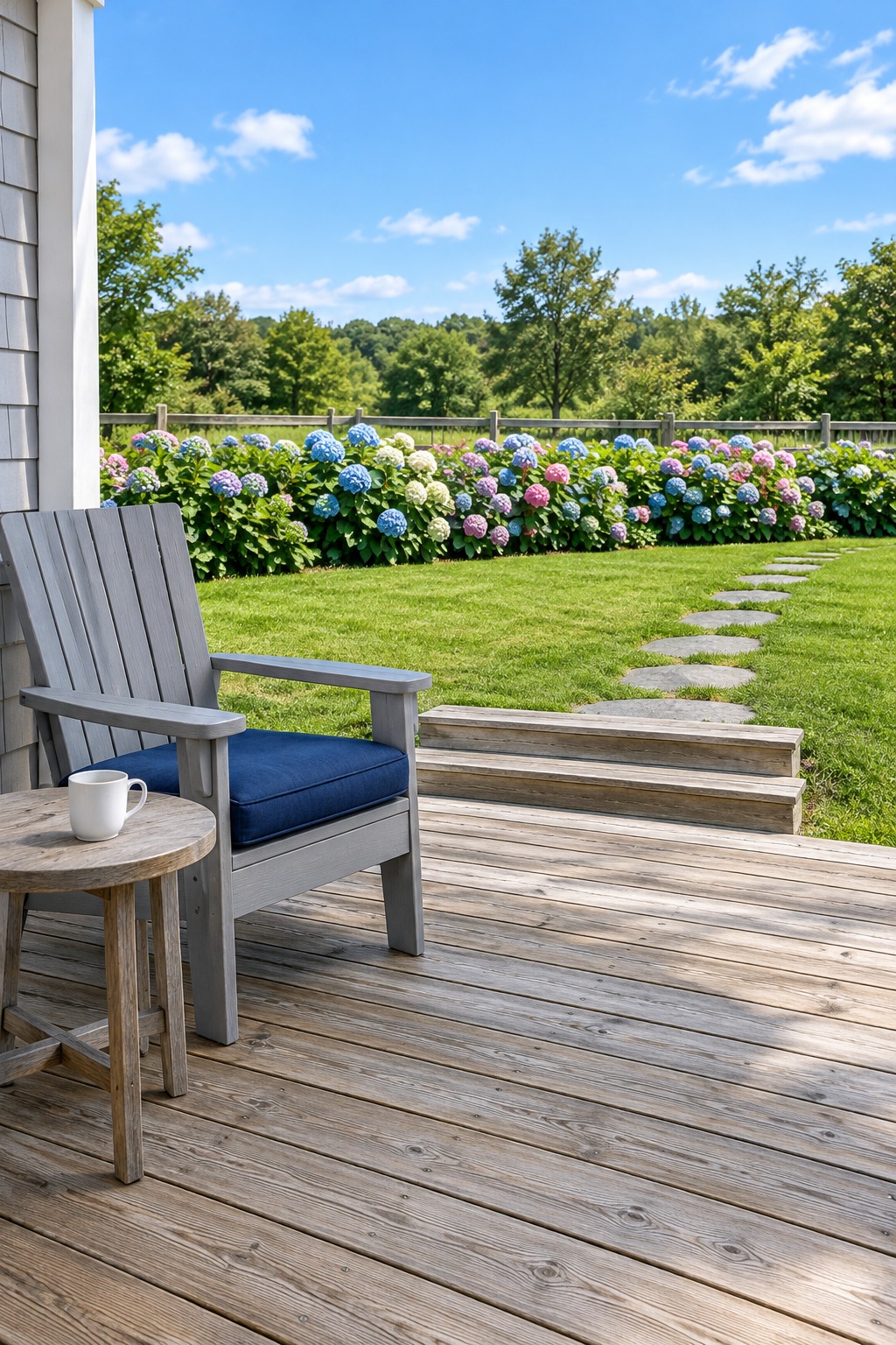 Gray outdoor armchair and small table at the edge of a porch beside a hydrangea border
