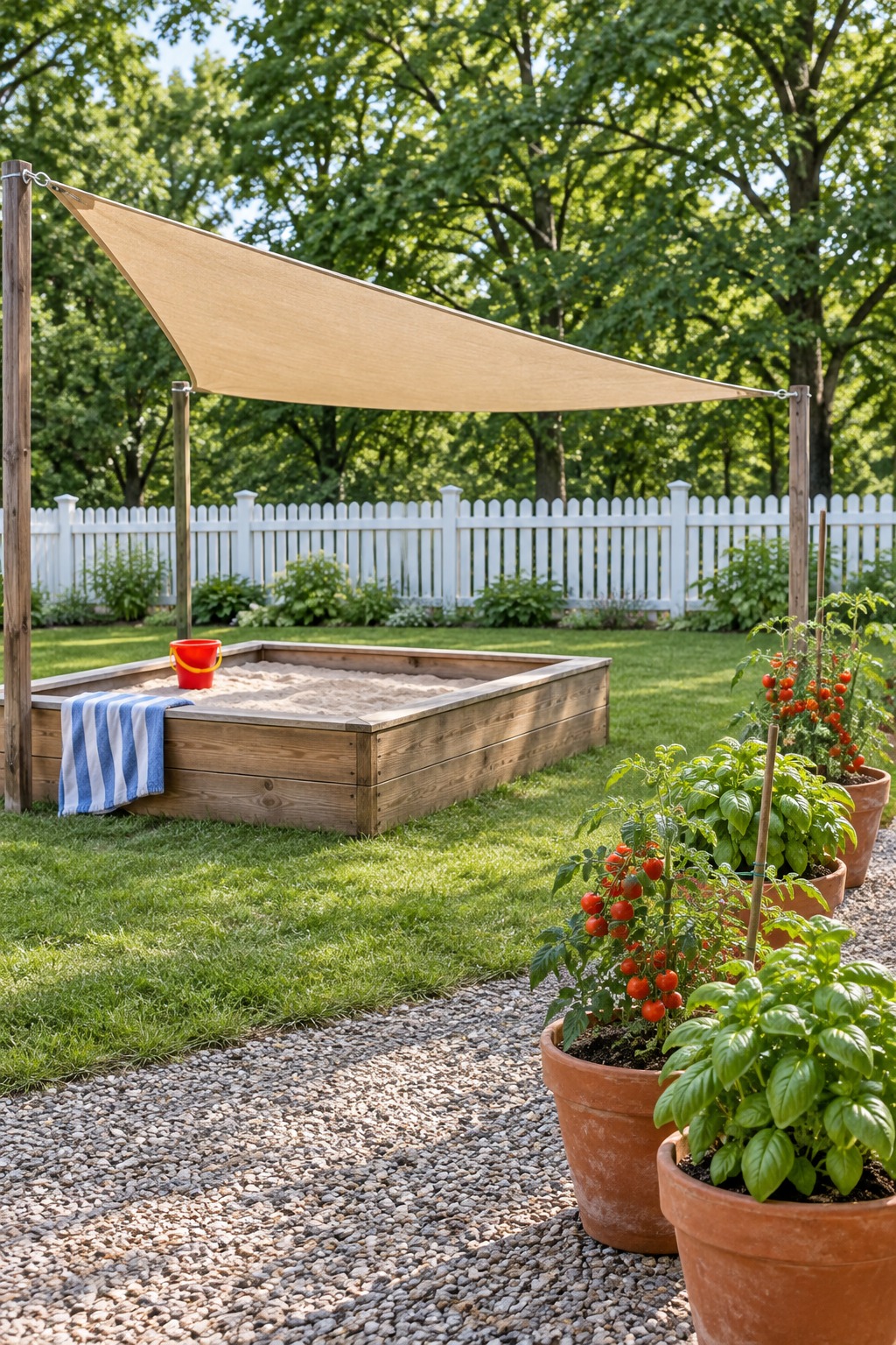 Sand-colored shade sail over a wooden sandbox and a row of tomato and basil pots on a gravel patio