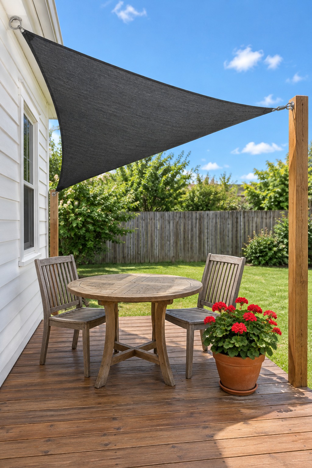 Charcoal triangle shade sail angled over a small deck corner with a round table and geraniums