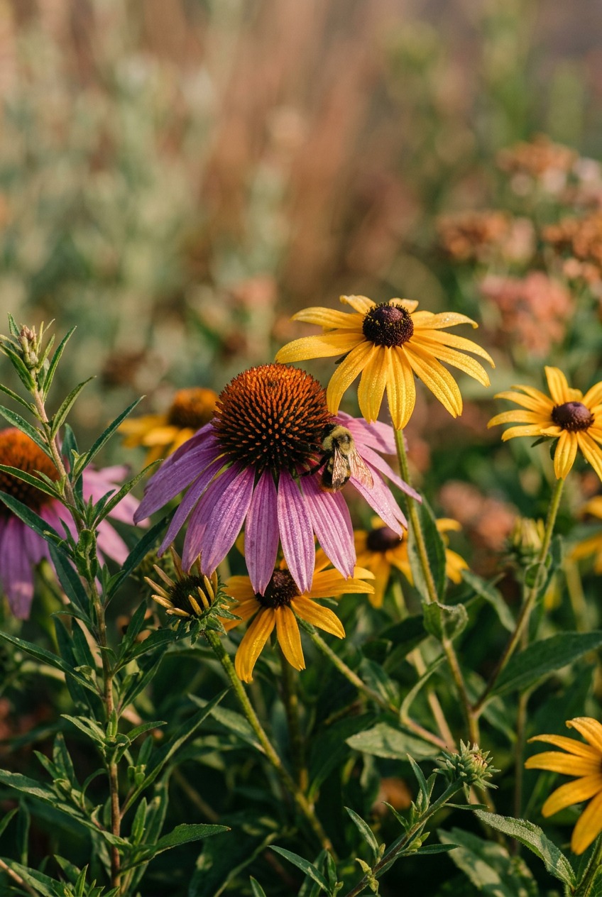 Native coneflowers and black-eyed Susans providing food sources for pollinators in certified backyard wildlife habitat
