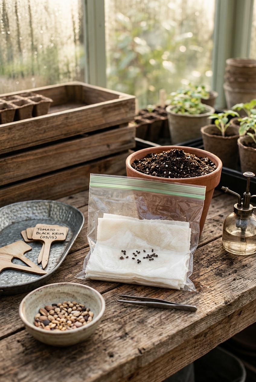 Seeds sprouting on a damp paper towel inside a zip-lock bag showing small white roots emerging
