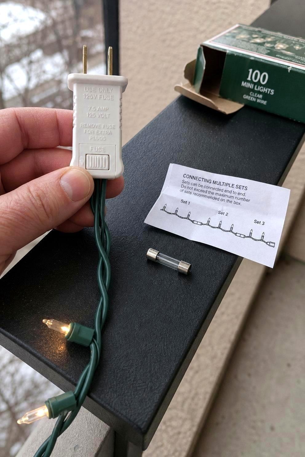 Outdoor light-string plug with its printed fuse and connection information visible