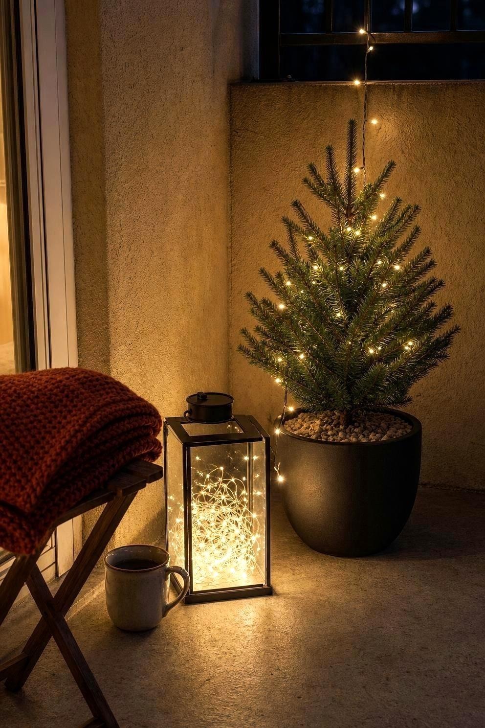 Warm lights dropping from a balcony rail into a weighted planter beside a lit small spruce